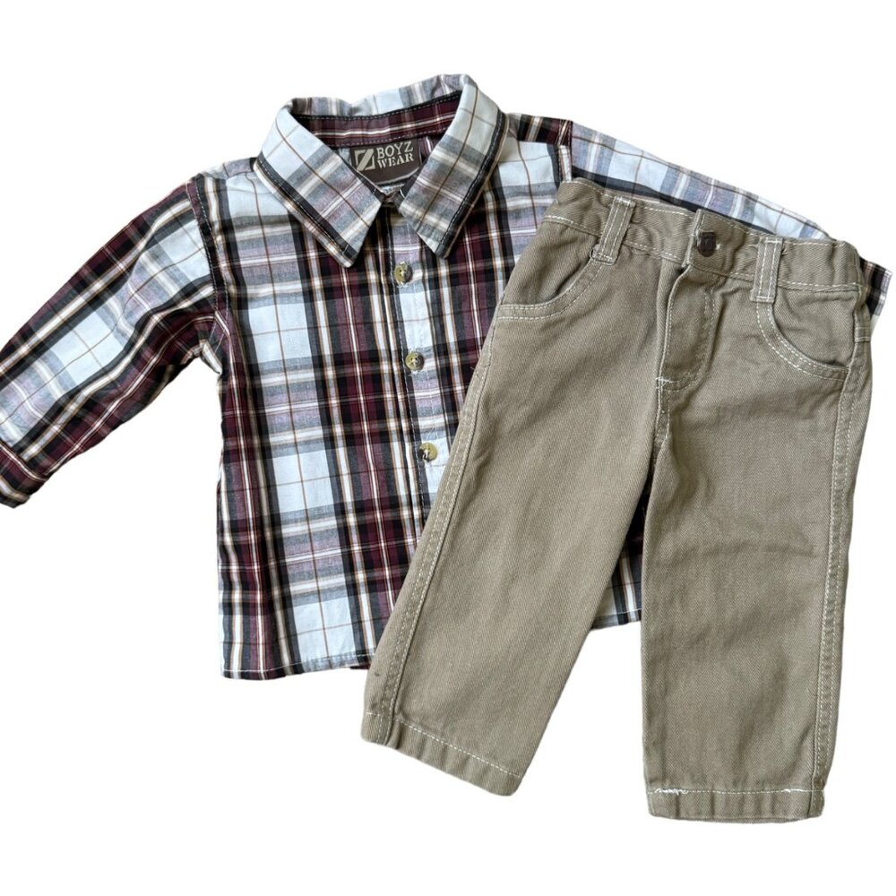 Baby Boy Plaid Shirt & Khaki Pants Set 12M Boyz Wear Long Sleeve Button Up Nice